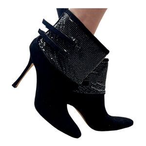 Manolo Blahnik 9.5 Silver Sequin Suede Ankle Boots $1450 Stiletto Booties Black
